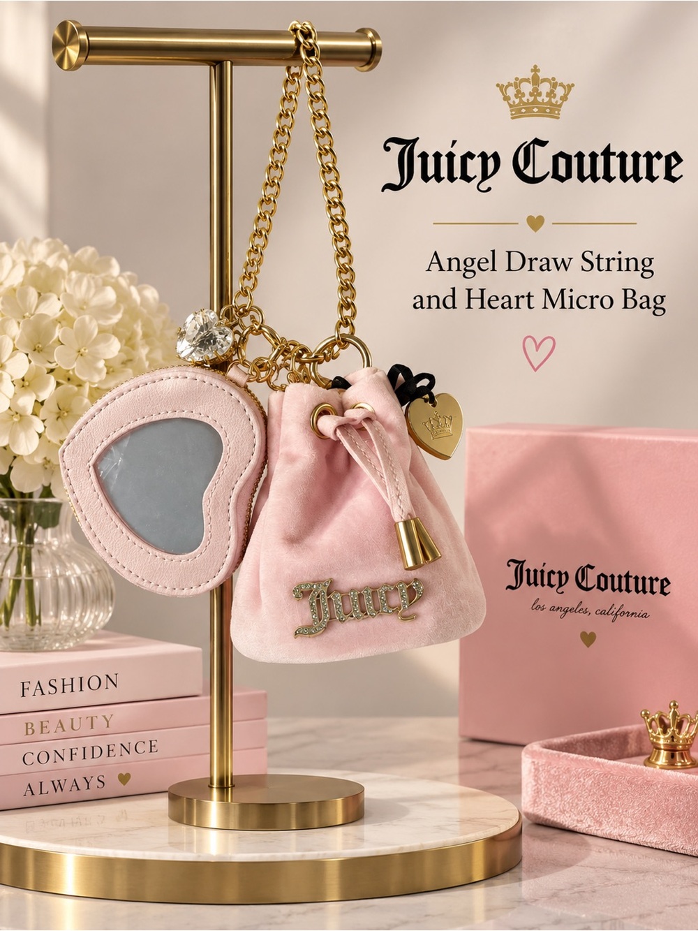 Juicy Couture Pink Velvet Angel Drawstring & Heart Micro Bag -NWT